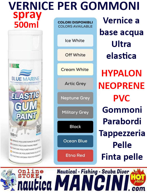 ELASTIC GUM PAINT Vernice Spray per Gommoni, Parabordi, Tappezzeria, Pelle - ultra elastica a base acqua - 500ML - Colore ORCA ARTIC GREY