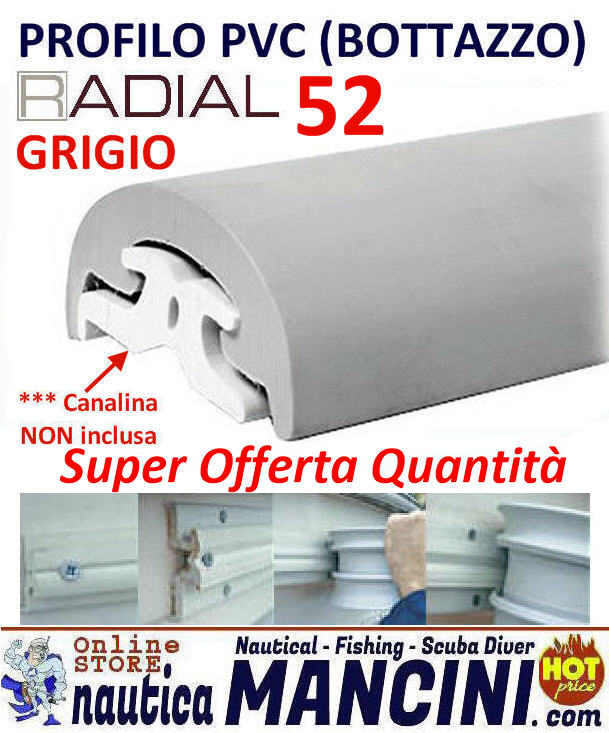 Bottazzo Radial 52 - Profilo Parabordo PVC Semirigido Altezza mm 52 (sporgenza 29) Grigio - PREZZO PER 4 MT + Offerta Quantità