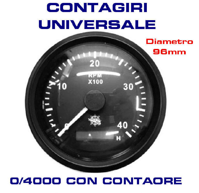 Contagiri Universale 0-4000 RPM Ø 96 mm con CONTAORE Nero