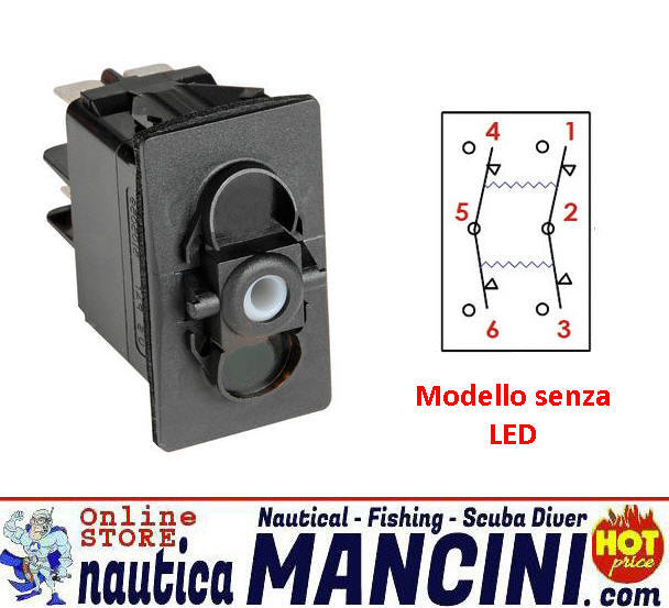Interruttore Elettrico a Bascula Marina 20A 12V LED BIANCHI - (ON)-OFF-(ON) - 6 TERMINALI Bipolare