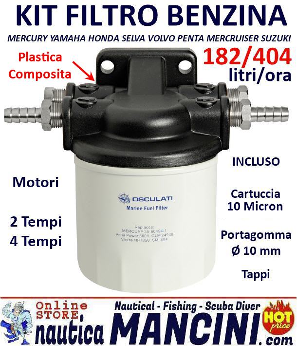 Filtro Separatore Acqua/Benzina KIT 145 mm Completo di Cartuccia, Portagomma 10mm, Testa in Plastica