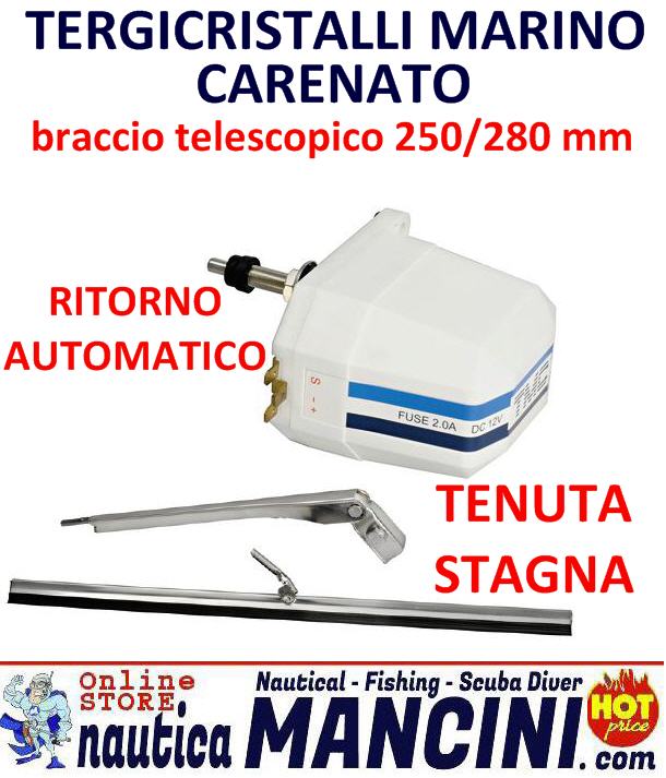 Tergicristallo TMC 12V completo di Braccio e Spazzola 250x280 mm tenuta Stagna