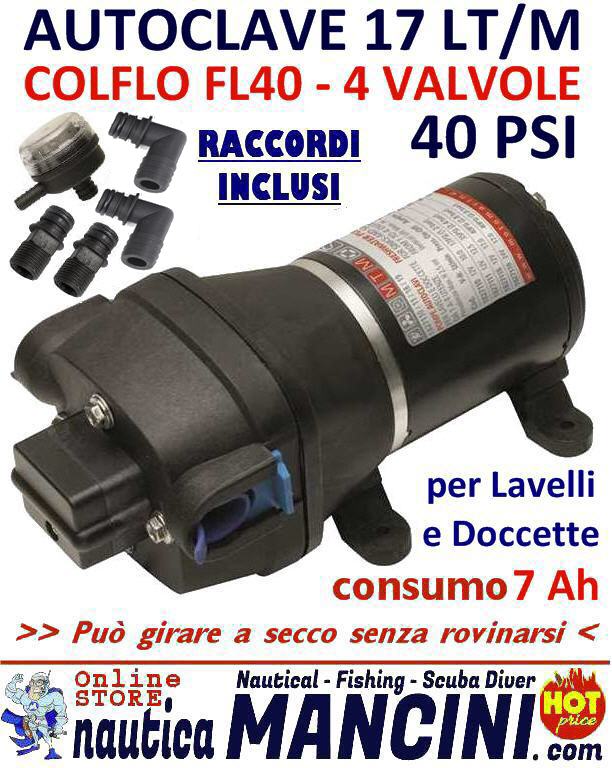 Autoclave 17,0 LT/Min 12V COLFLO MAXI 17 - 7A, 40PSI, 2.8 Bar, 4 Valvole, per Doccette e Lavelli (fino a 4 utenze)