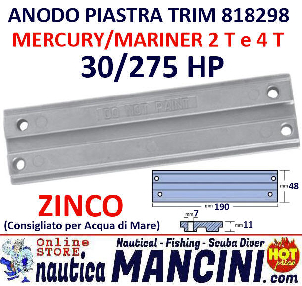 Anodo Zinco a Piastra TRIM per Barra Mercury/Mariner 30/275 HP