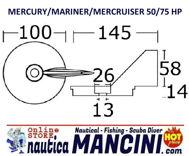 Anodo Zinco a Pinna Piede perMercury/Mariner/Mercruiser 50/75 HP