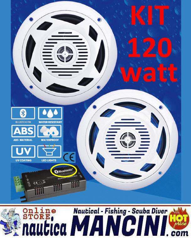 Altoparlanti/Casse WaterProof 2 Vie 120W - Diametro 180mm - Frequenze 500-2000 Hz - LED BLU o BIANCHI - Kit con AMPLIFICATORE Bluetooth