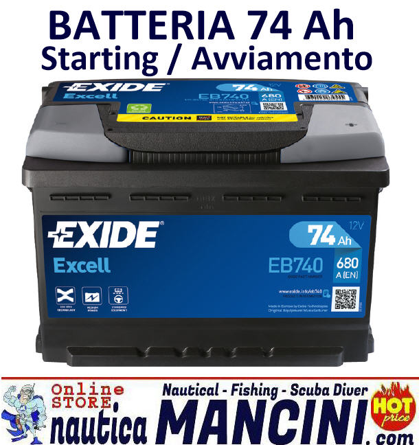 Batteria Exide Excell Avviamento 74Ah EB740 Spunto 680A Polo Positivo (+) a Dx