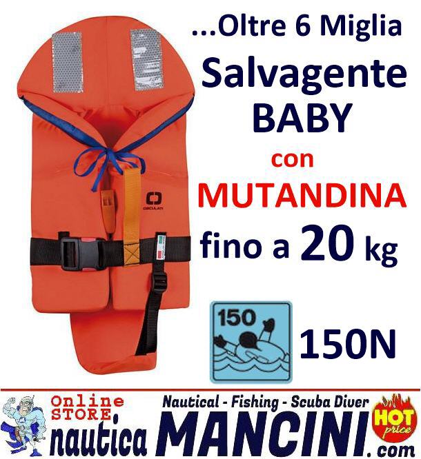 Giubbotto di Salvataggio 150N Baby oltre 6 Miglia 0/20 kg con Mutandina Aurora