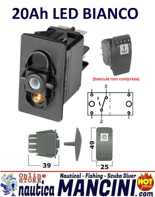 Interruttore Elettrico 20A 12V LED BIANCO - (ON)-OFF - 4 TERMINALI