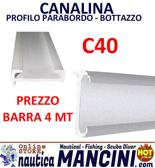 Bottazzo TIPO C 40 - CANALINA / BINARIO PVC Barra 2 MT per Profilo Parabordo (Bottazzo) - Bianca - 40 mm