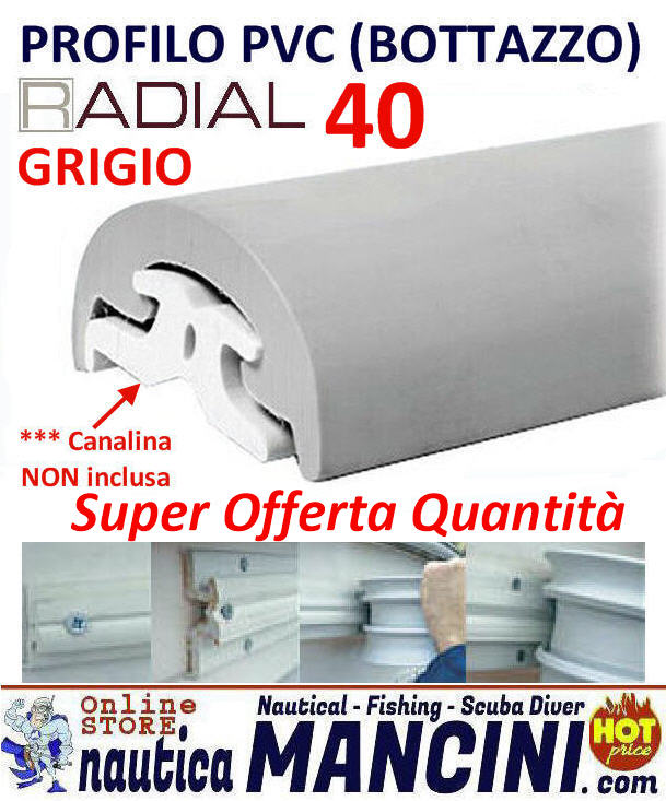Bottazzo Radial 40 - Profilo Parabordo PVC Semirigido Altezza mm 40 (sporgenza 21) Grigio - PREZZO PER 4 MT + Offerta Quantità