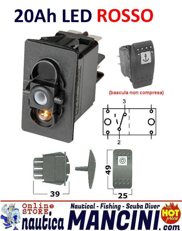 Interruttore Elettrico 20A 12V LED ROSSO - (ON)-OFF-(ON) - 8 TERMINALI Bipolare