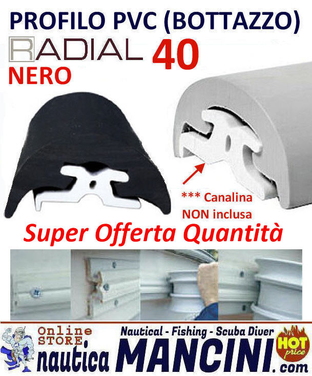 Bottazzo Radial 40 - Profilo Parabordo PVC Semirigido Altezza mm 40 (sporgenza 21) Nero