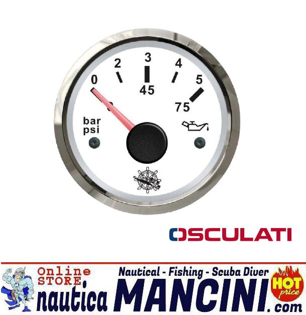 Indicatore Pressione Olio 0- 5 Bars/75PSI 12V Ø 57 mm Bianco con Lunetta Cromata