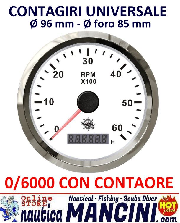Contagiri Universale 0-6000 RPM Ø 96 mm con CONTAORE Bianco