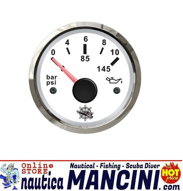 Indicatore Pressione Olio 0-10 Bars/145PSI 12V Ø 57 mm Bianco con Lunetta Cromata