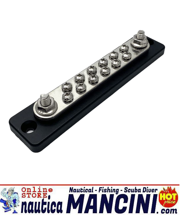 Porta Terminali Elettrici Bus-Bar (Busbar) 12 Vie - Sezione 5 mm - 250 A con Terminali di Potenza 2x8mm, Base 201x38mm