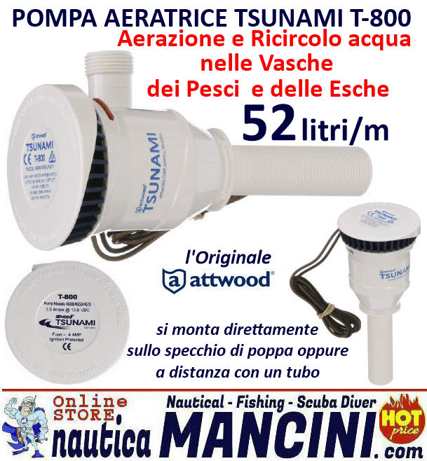 Pompa Aeratrice ATTWOOD per Vasche del Vivo 12 V Mod. T-800 Portata 52 LT/M