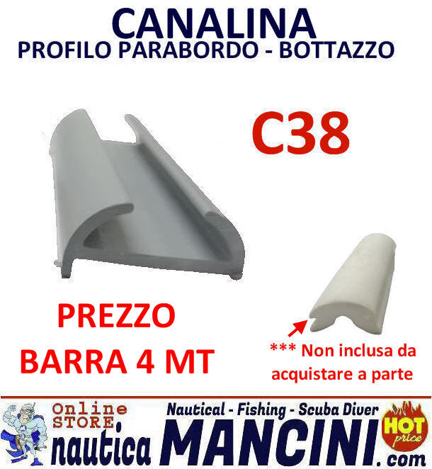 Bottazzo TIPO C 38 - Canalina PVC Barra 4 MT per Profilo Parabordo - Grigia - 38 mm