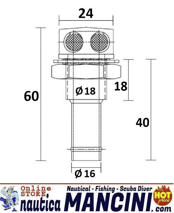 Sfiato Carburante Antifiamma Filetto Ø 18 Portagomma Ø 16 in Ottone Cromato