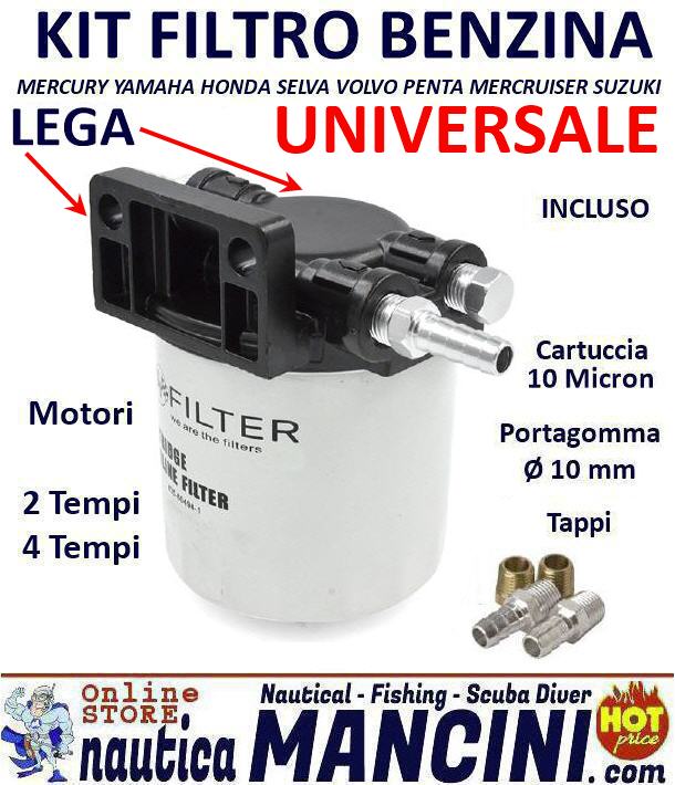 Filtro Separatore Acqua/Benzina KIT 145 mm Completo di Cartuccia, Portagomma 10mm, Testa in Lega