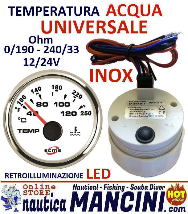 Indicatore Temperatura Acqua UNIVERSALE 0/190 - 240/33 Ohms 12/24V Ø 52 mm Quadrante Bianco con Lunetta Cromata