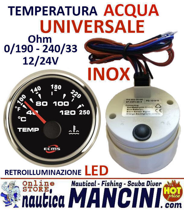 Indicatore Temperatura Acqua UNIVERSALE 0/190 - 240/33 Ohms 12/24V Ø 52 mm Quadrante Nero con Lunetta Cromata