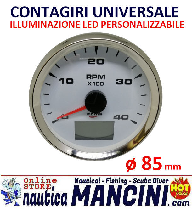 Contagiri Universale 0-4000 RPM Ø 85 mm con CONTAORE Bianco