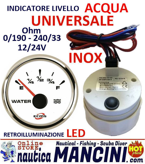 Indicatore Livello Acqua UNIVERSALE 0/190 - 240/33 Ohms 12/24V Ø 52 mm Quadrante Bianco con Lunetta Cromata
