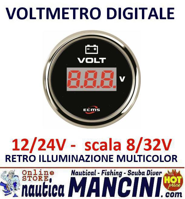 Voltometro ECMS DIGITALE 12/24 V Ø 52 mm NERO con Lunetta Cromata