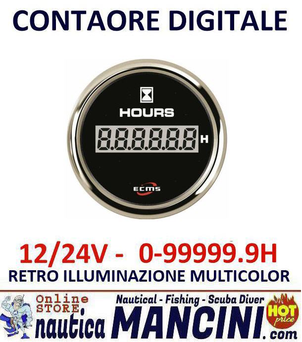 Contaore Digitale ECMS 0-99999 H Ø 52 mm Led Multicolor Quadrante Nero e Lunetta Cromata