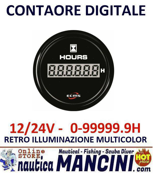 Contaore Digitale ECMS 0-99999 H Ø 52 mm Led Multicolor Quadrante Nero e Lunetta Nera