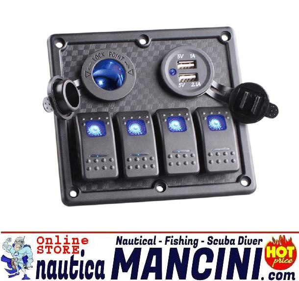Pannello Elettrico Quadro 4 Interruttori Luminosi LED 13.0x12.0 cm + Presa Accendino + Doppia USB