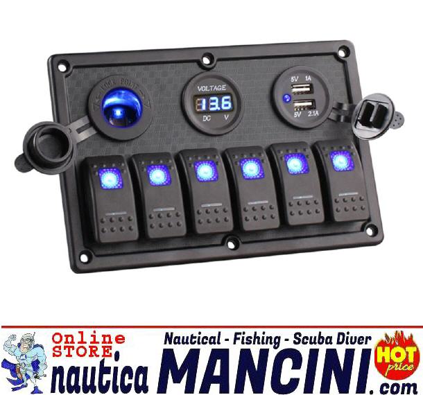 Pannello Elettrico Quadro 6 Interruttori Luminosi LED 15.0x10.5 cm + Presa Accendino + Doppia USB + Voltmetro