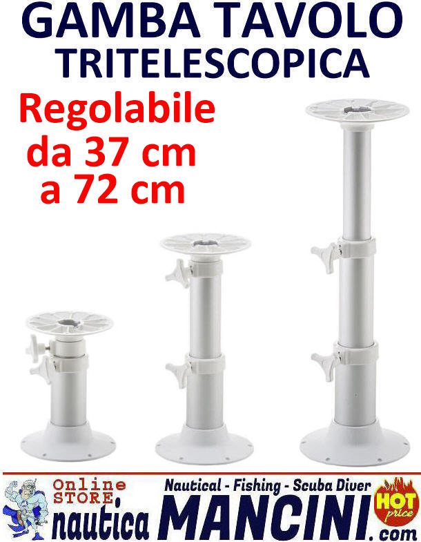 Gamba Tavolo Tritelescopica in Alluminio regolabile H 32-72 cm completa di Base Superiore ed Inferiore