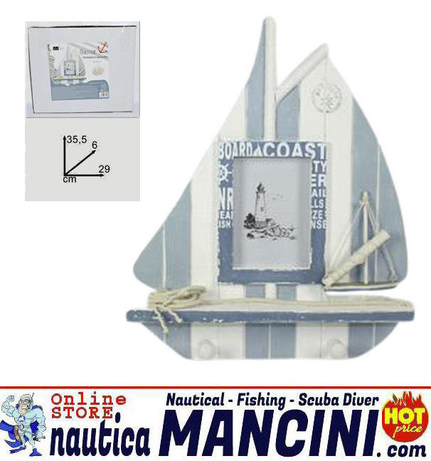 Deco Stile Marina - Gancio Appendiabiti con Portafoto Barca a Vela 2 Posti cm 35hx29