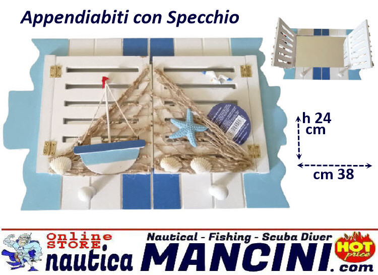 Deco Stile Marina - Appendiabiti in Legno con Antine e Specchio cm 38x24h