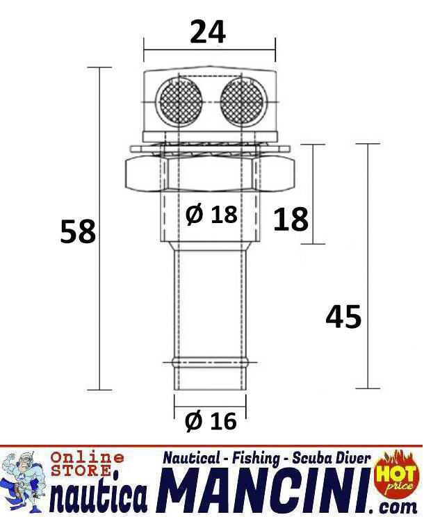 Sfiato Carburante Antifiamma Filetto Ø 18 Portagomma Ø 16 in Ottone Cromato