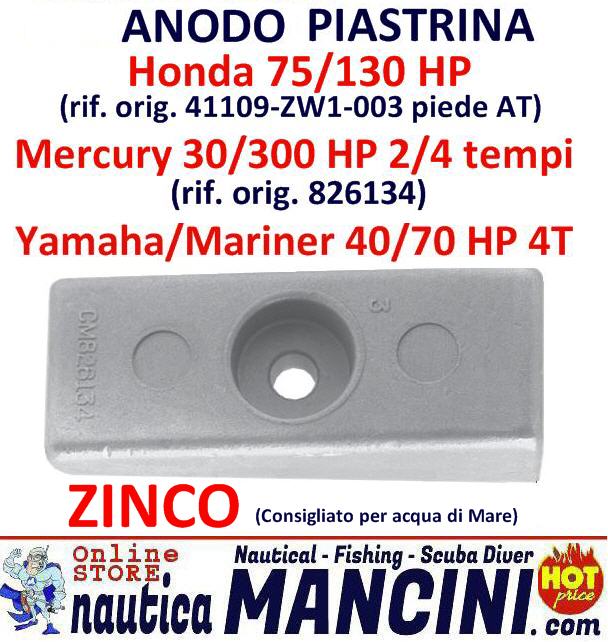 Anodo Zinco a Piastra per Honda/Yamaha/Mariner/Mercury 30/300 HP