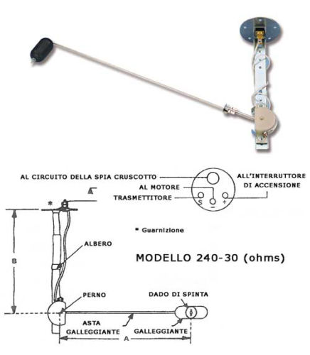 Indicatore di livello carburante 240/33 Ohms 12V completo di galleggiante - Clicca l'immagine per chiudere