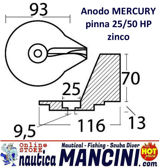 Anodo Zinco a Pinna per Mercury/Mariner/Mercruiser 25/50 HP