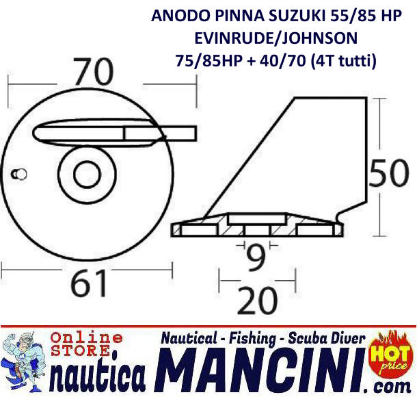 Anodo Zinco a Pinna per Suzuki 55/85 HP - Evinrude/Johnson 75/85 HP + 40/70 HP (4T tutti)