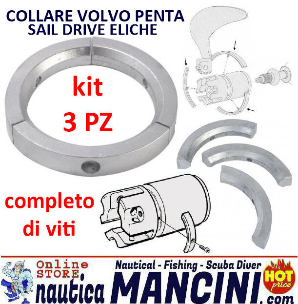 Anodo Zinco KIT 3 pezzi Collare Volvo Penta Sail Drive Eliche Pieghevole completo di Viti