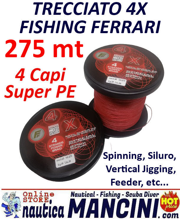 Trecciato Multifibra Fishing Ferrari 4X - Red Spectra 275 mt Colore Rosso Fluo - D. 0,50 / LB66.0 (30Kg)