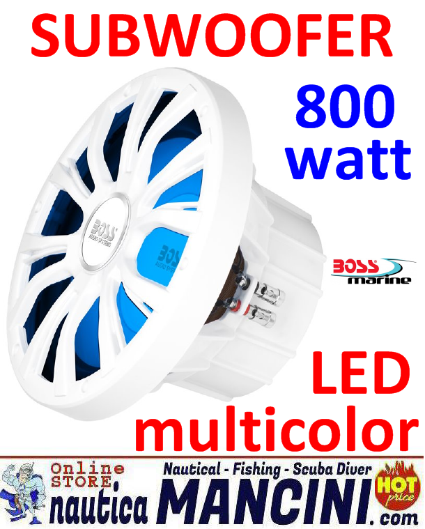 Altoparlante/Cassa WaterProof SUBWOOFER 800W - Diametro 268mm - LED multicolor - BOSS-MARINE
