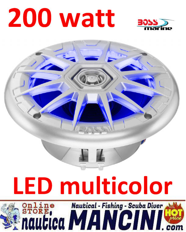 Altoparlanti/Casse WaterProof 2 Vie 200W - Diametro 197mm - Frequenze 70-20000 Hz - LED multicolor - BOSS-MARINE MRGB65
