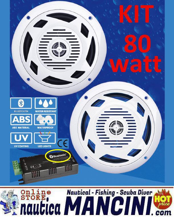 Altoparlanti/Casse WaterProof 2 Vie 80W - Diametro 157mm - Frequenze 500-2000 Hz - LED BLU o BIANCHI - Kit con AMPLIFICATORE Bluetooth