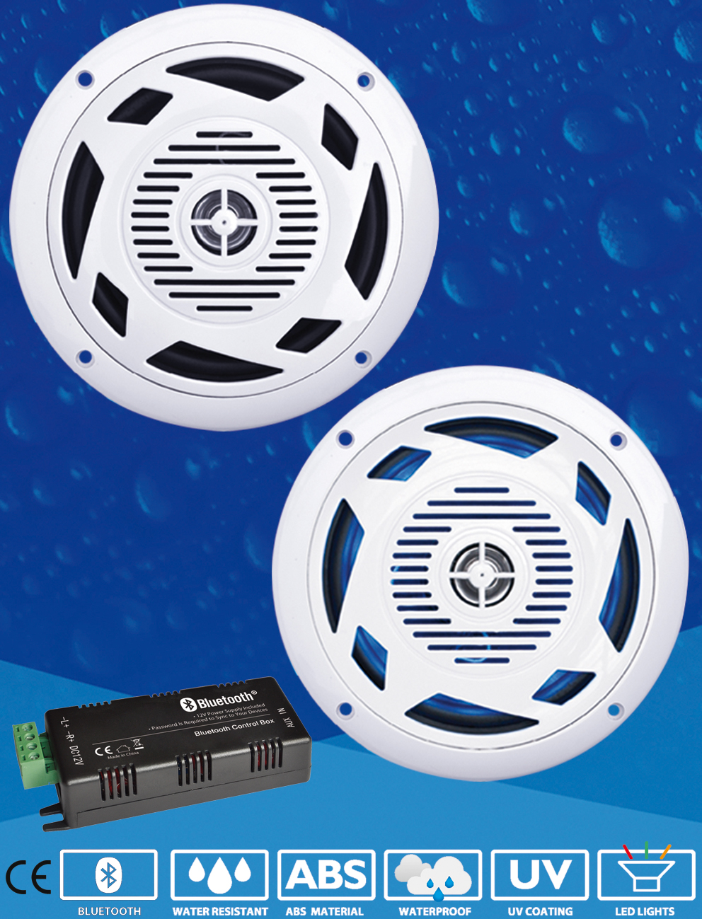 Altoparlanti/Casse WaterProof 2 Vie 80W - Diametro 157mm - Frequenze 500-2000 Hz - LED BLU o BIANCHI - Kit con AMPLIFICATORE Bluetooth