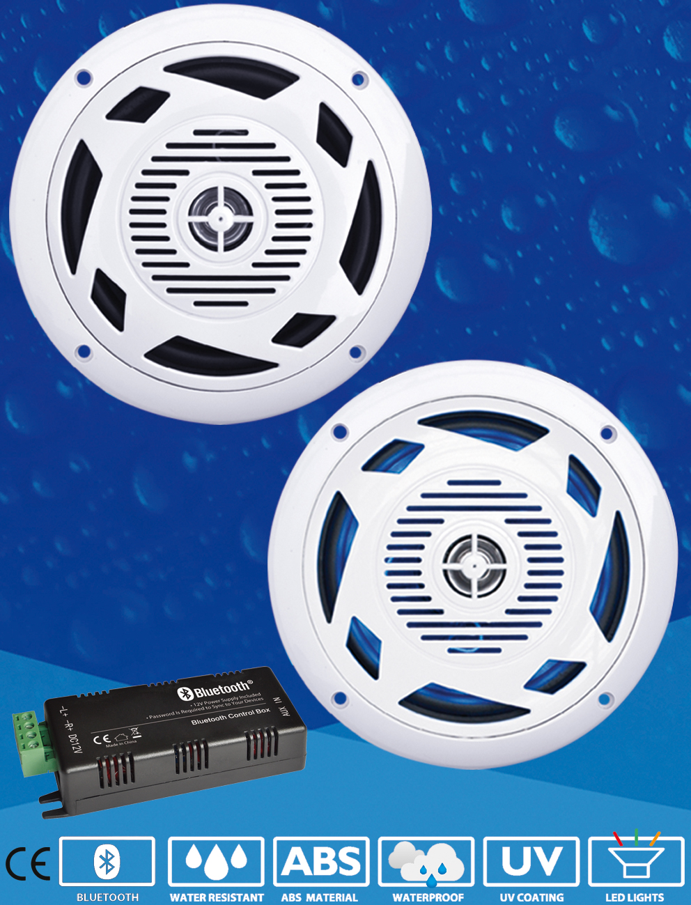 Altoparlanti/Casse WaterProof 2 Vie 120W - Diametro 180mm - Frequenze 500-2000 Hz - LED BLU o BIANCHI - Kit con AMPLIFICATORE Bluetooth - Clicca l'immagine per chiudere