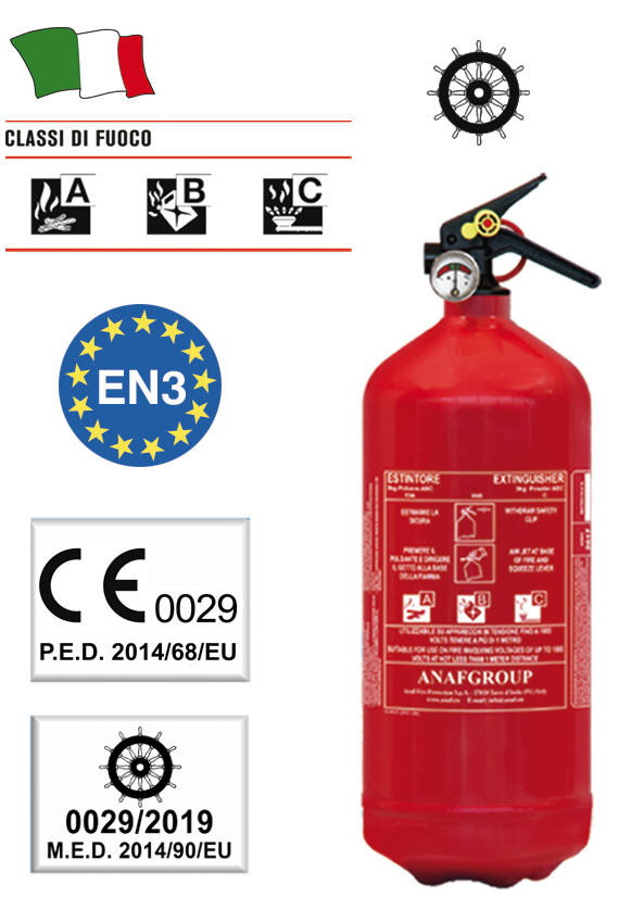 Estintore Polvere 3Kg con Manometro Classe 13A 89B C in Acciaio - Clicca l'immagine per chiudere